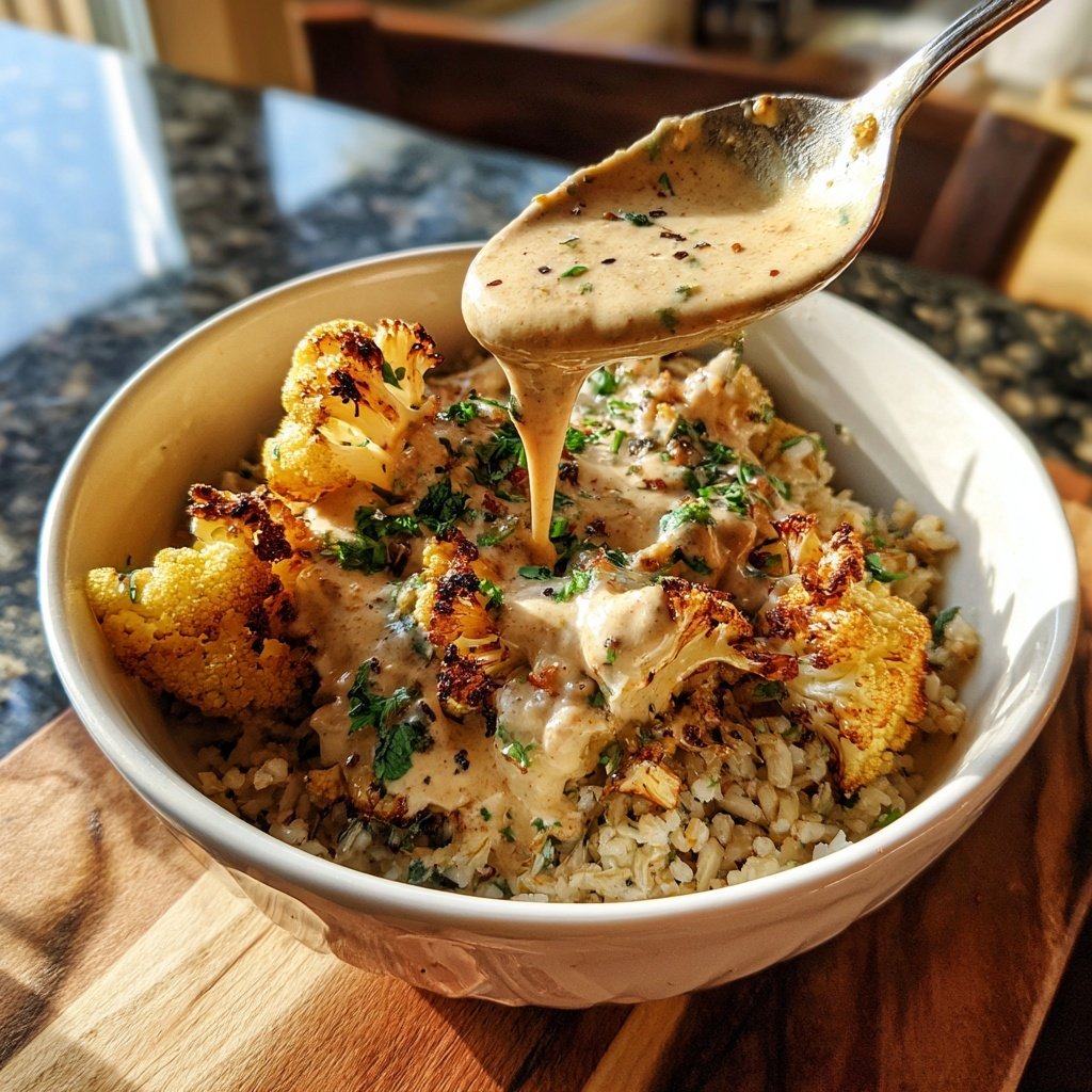Roasted Cauliflower Tahini Rice Bowl